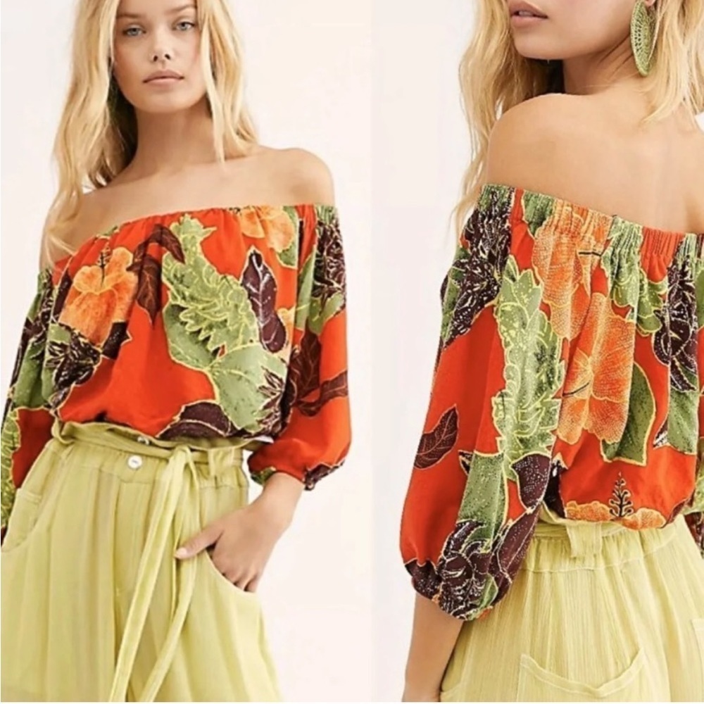 NEW Free People Floral Cropped Electric Day Off The Shoulder Puffy Top XS